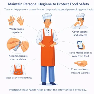 Flat minimalist horizontal split-vector illustrating unsafe vs safe food-prep hygiene. Left (unsafe) shows the male teacher in an orange-red apron, hair net and safety shoes touching a mobile phone then raw food, coughing uncovered and with a small open wound on his hand; bright contrasting germ icons (rounded blobs and starbursts) travel from phone/hand/mouth onto the food and stain his apron, with subtle arrows tracing the contamination path. Right (safe) shows the female teacher in a blue apron, hair net and safety shoes washing hands with soap at a sink, wearing a bandage and glove over the wound and standing calmly over covered/prepared food with a clean apron; germs are absent or visibly stopped at the soap/bandage. Clean visual split, muted background, and simple lines/arrows emphasize cause-and-effect without text.