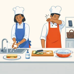Minimal flat‑art scene of two teachers practicing personal hygiene in a tidy food‑prep area. The woman in a blue apron washes her hands at a sink with visible soap bubbles; the clean‑shaven man in an orange‑red apron turns away and covers a cough with his elbow. Skin tones, facial features, hair, clothing and demeanor match the reference exactly; hair is tidy and aprons spotless. Food on the counter is either covered or on a cutting board, and personal items (phone, bag) are stored on a separate locker shelf away from the food. Calm limited palette, bold flat shapes, minimal details, simple thin outlines, no text or labels, very high readability and minimalist composition.