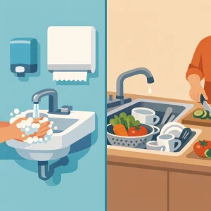 Flat art header showing a split scene: left a small wall-mounted handwashing sink with running water, soap dispenser, paper-towel dispenser and a pair of hands lathering with bubbles in soft blues/teals; right a larger food-prep/dish sink with vegetables, dishes and utensils and a person preparing food (not washing hands) rendered in warm neutrals. Simple geometric shapes, clean lines, limited muted palette, high-clarity composition and no text or logos to emphasize the clear contrast between handwashing and food-prep zones.