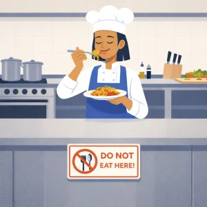 Flat-art editorial illustration of a food-prep area showing a warm-faced teacher in a blue apron eating a sandwich directly above open ingredients and utensils, her exact facial features and demeanor preserved; nearby open food trays, a cutting board, scattered utensils and a locker with personal items in the background signal hand-to-food contact and cross-contamination risks; rendered with simple geometric shapes, bold flat colors, clean outlines, gentle shadows, a limited palette and an uncluttered composition to highlight the unsafe behavior.