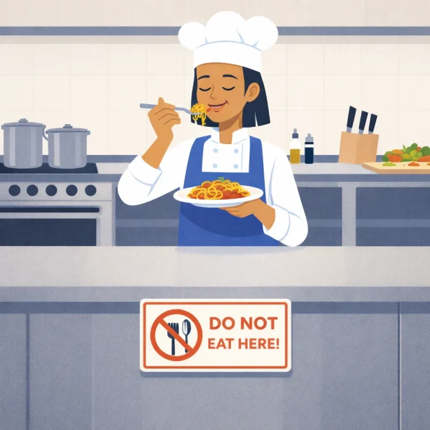 Flat-art editorial illustration of a food-prep area showing a warm-faced teacher in a blue apron eating a sandwich directly above open ingredients and utensils, her exact facial features and demeanor preserved; nearby open food trays, a cutting board, scattered utensils and a locker with personal items in the background signal hand-to-food contact and cross-contamination risks; rendered with simple geometric shapes, bold flat colors, clean outlines, gentle shadows, a limited palette and an uncluttered composition to highlight the unsafe behavior.