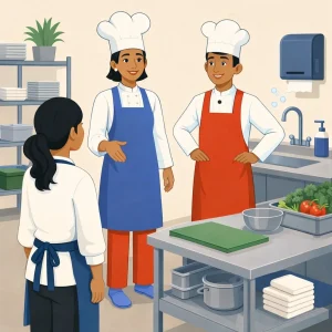 Flat-art scene in a simple professional kitchen training space showing the woman in a blue apron and the clean‑shaven man in an orange‑red apron—their skin tones, facial features and friendly demeanor matching the reference—warmly greeting a single learner. One teacher stands with an open-arm welcoming gesture while the other gently points toward a spotless sink area with a soap dispenser and paper-towel dispenser; small bubbles and line accents suggest handwashing. A tidy prep counter and neatly folded towels sit in the background to imply food-safety context. Composition uses very simplistic flat shapes, clean outlines, a limited muted color palette and minimal detail; no text or labels.