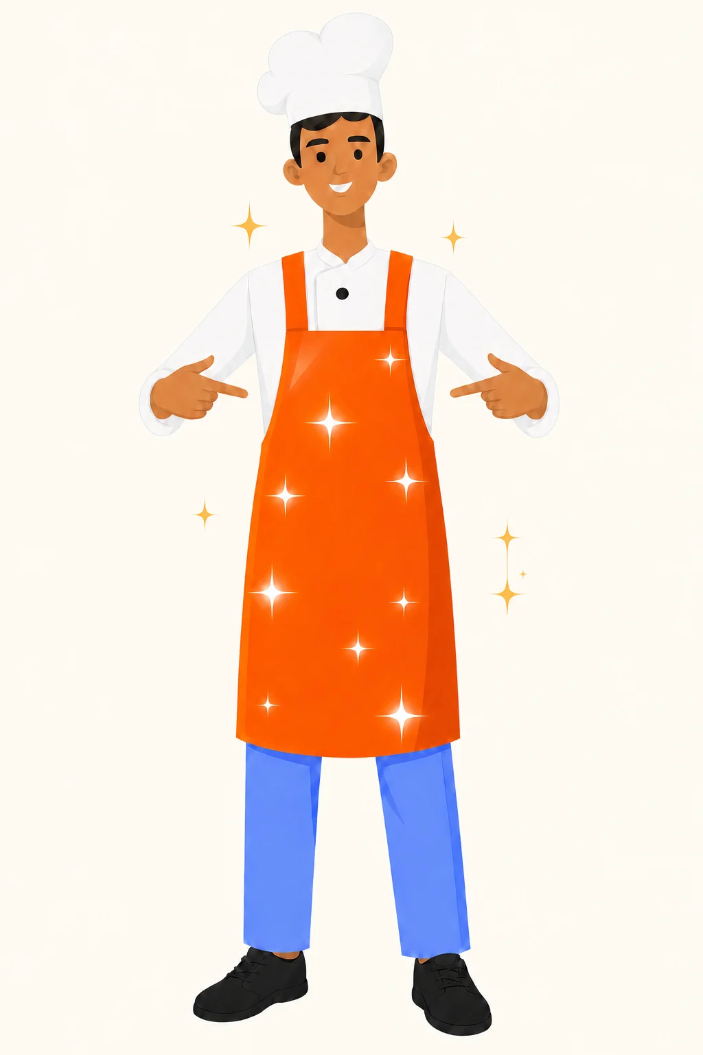 Flat-art illustration on a transparent background of a beardless male in a clean orange apron, standing upright and calmly pointing with both hands toward his new apron. A clearly visible, properly sealed waterproof dressing covers a small wound on his forearm to communicate wound management. Simple composition, clean flat colors, minimal detail and shadows, no props or text.
