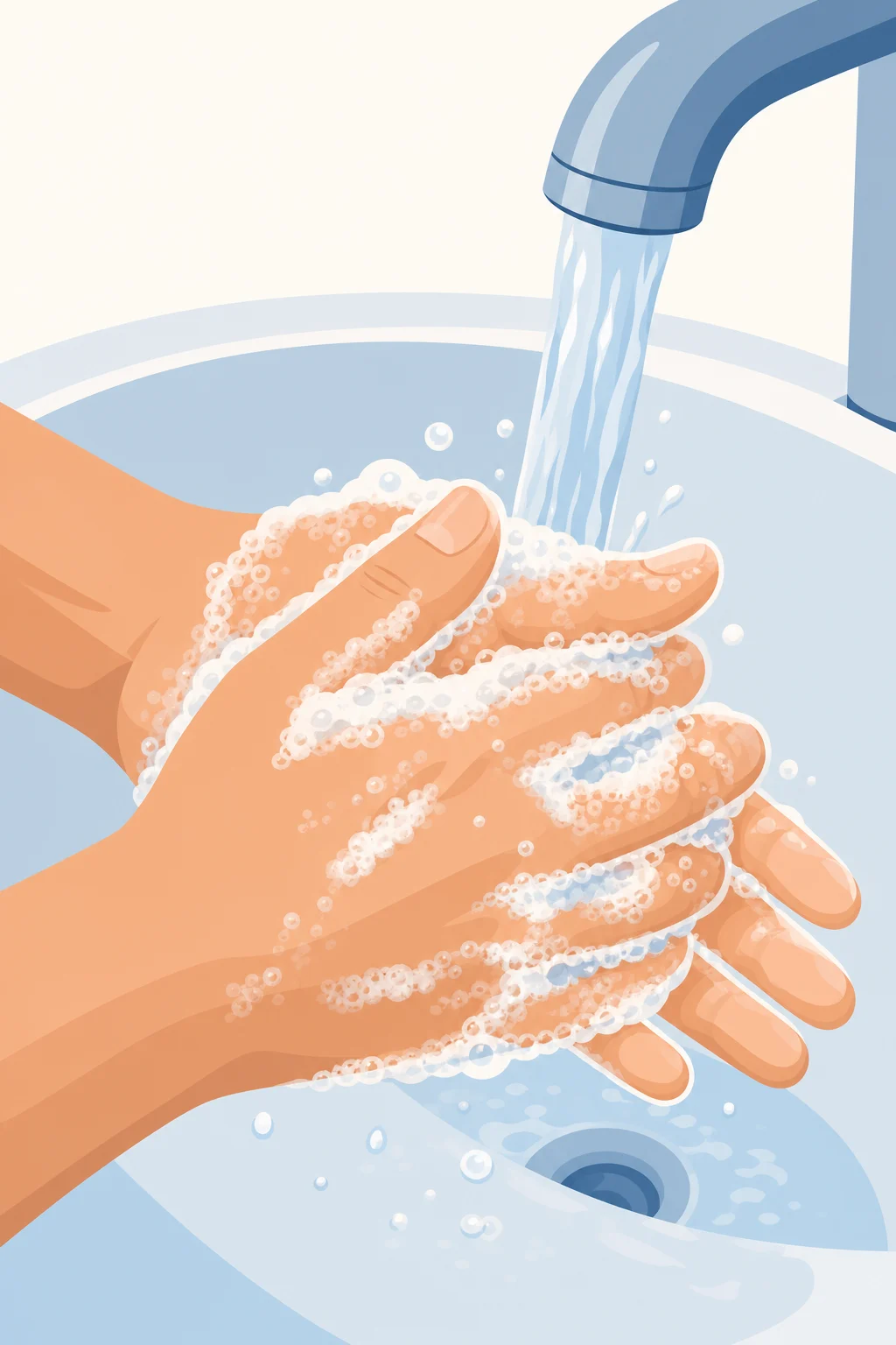 Close-up flat vector illustration of two bare hands being washed under a running faucet, generous soap lather covering palms and between fingers as the hands rub together to show proper technique. Visible water stream and simple sink rim set against a minimal soft background in blues, whites and warm skin tones, high-contrast simple shapes, no rings or jewelry, no text.